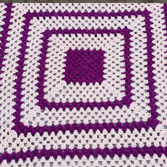 Vtg Afghan Granny Square Blanket 3’x5’  70s Crocheted Cottage Core Pink Purple - Picture 14 of 14